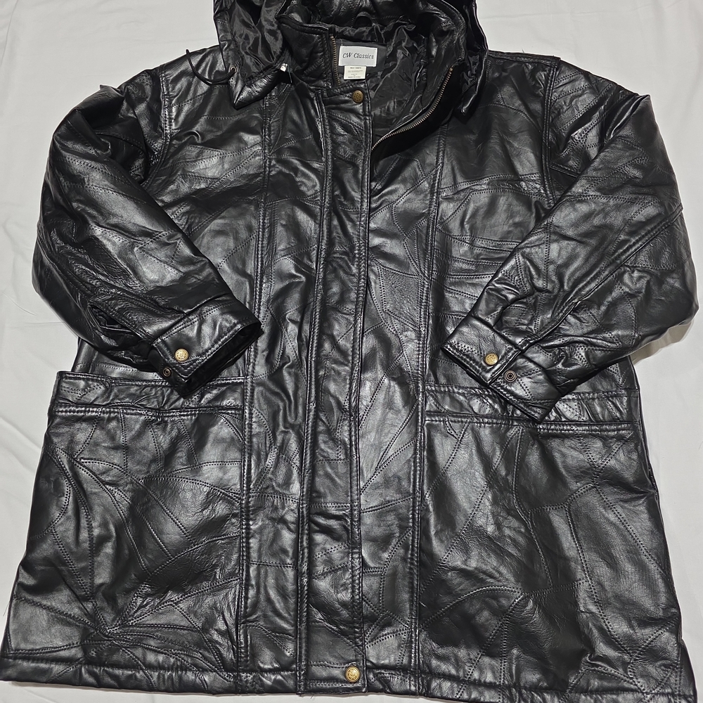 Black Leather Patchwork Jacket Plus Size With Hoo… - image 1
